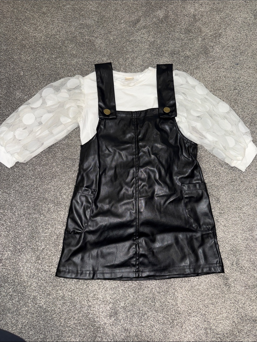Girls Black Faux Leather Pinafore with white shirt (outfit)